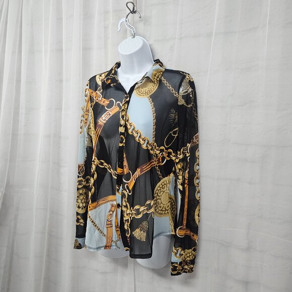 Black Gold Mesh Sheer Button Blouse Equestrian Club Party XL NWT - Picture 5 of 12